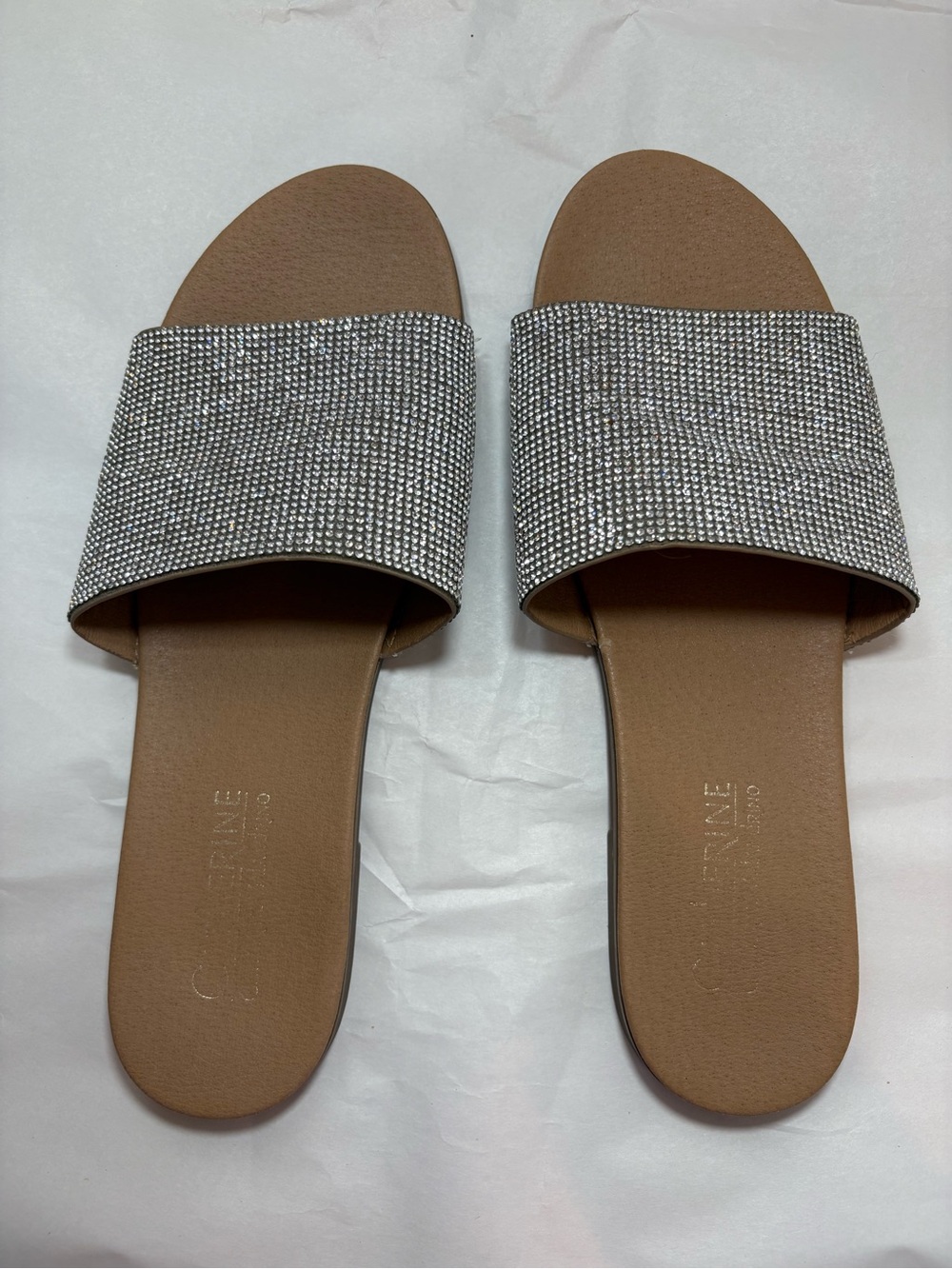 Catherines Silver Rhinestone Slide Sandals with Tan Footbed